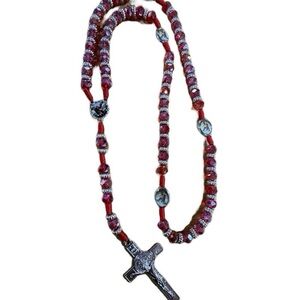 Archangel Michael Silver and Red Beaded Cross Necklace